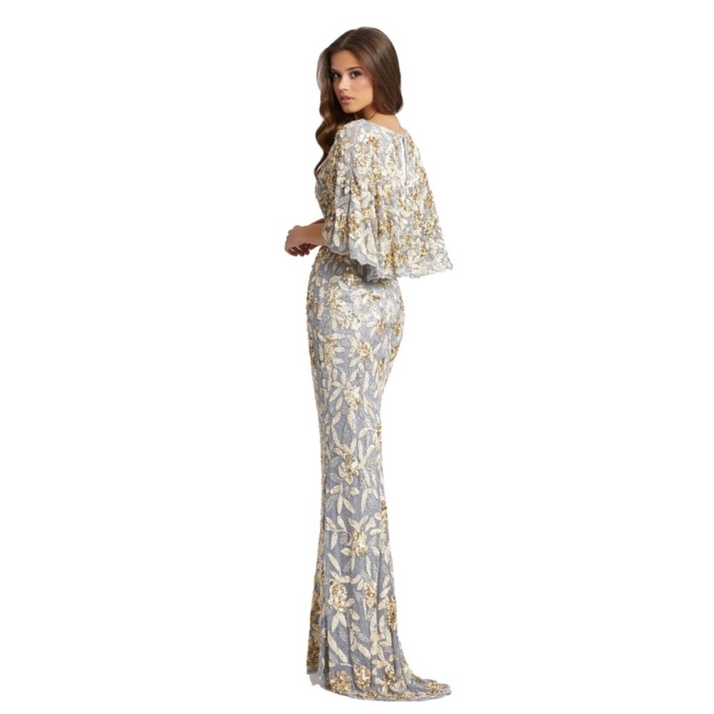 MAC DUGGAL PLATINUM GOLD FLOUNCE SLEEVE SEQUINED GOWN 20 - Picture 2 of 6